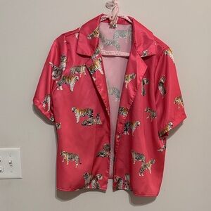 SHEIN Pink Tiger Print Button Down Shirt